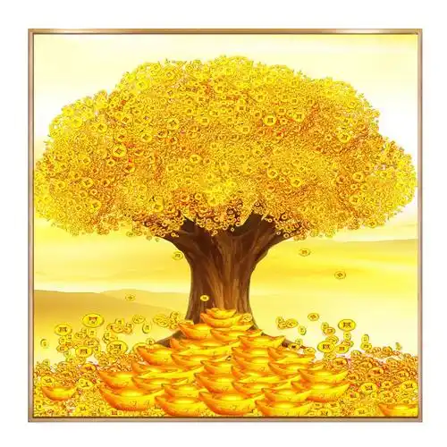 瓷画镶钻防水金色摇钱树风水客厅玄关办公招财进宝现代装饰画