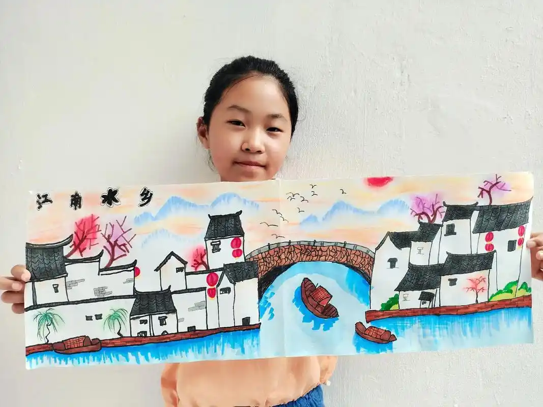 江南水乡儿童绘画.#爱画画的小朋友#画画 #儿童创意美术作品 - 抖音