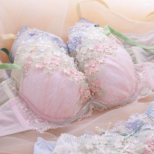 r家日系少女性感薄款文胸套装花朵甜美学生内衣女大罩杯e内衣内裤