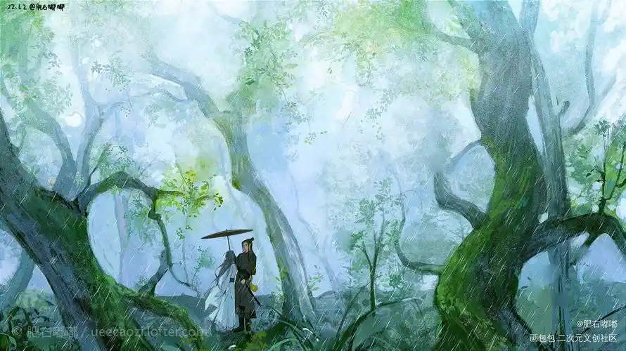 松玉▏听雨_唐酒卿将进酒松玉水墨古风场景插画画画绘画绘画作品