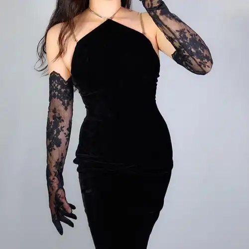 m 蕾丝长手套 62cm超长款透视透明睫毛花边波浪网纱黑色婚纱礼服》无