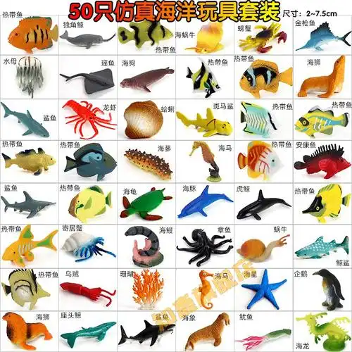 仿真海洋动物模型50只套装水母鲸鱼海龟鲨鱼玩具海马海星儿童认知礼物