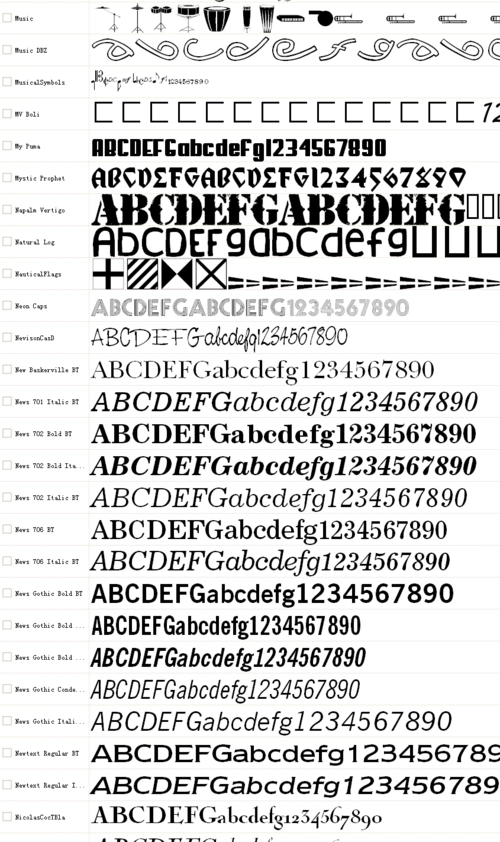 英文字体名称对照速查列表