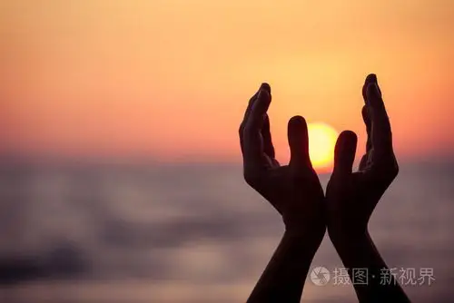 在日落的女性手的剪影