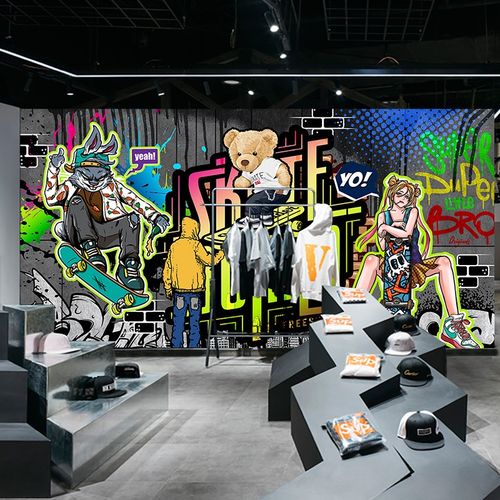 嘻哈街舞街头涂鸦壁纸滑板轮滑个性墙绘壁画手绘卡通运动背景墙纸