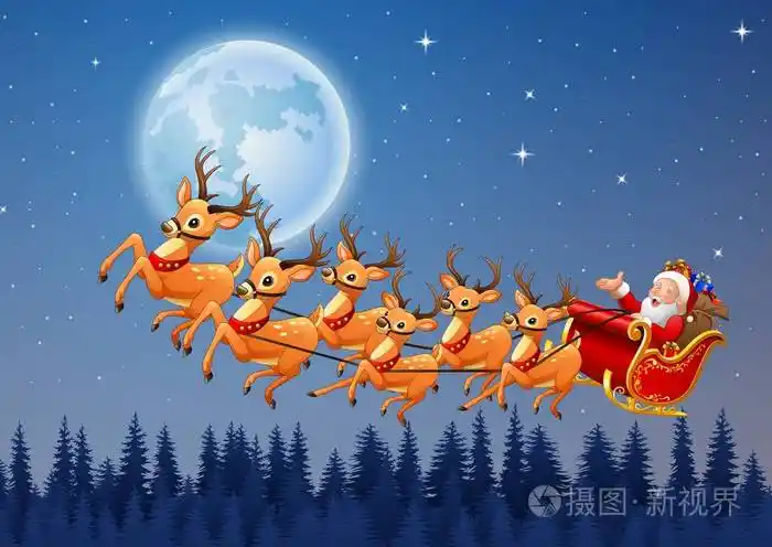 圣诞老人乘坐驯鹿雪橇在天空飞翔