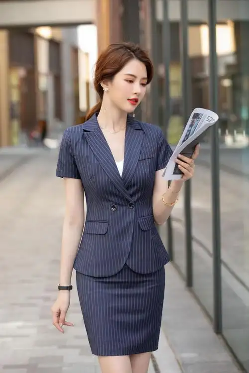 夏季条纹燕尾服短袖职业装女士套裙西装夏季黑色白领女神范工作服