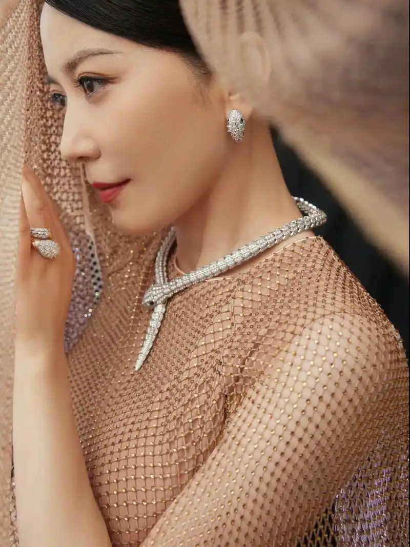 俞飞鸿出席百花奖活动,戴一条银色的蛇形项链,身穿卡其色网眼披风礼服