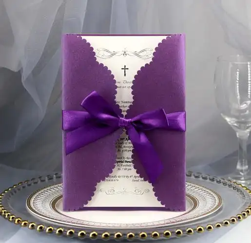 紫色激光镂空蕾丝请柬直销 节日祝福贺卡婚礼结婚 商务邀请函喜帖