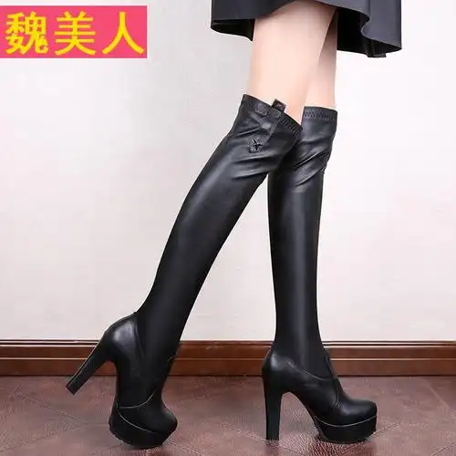 春秋新款弹力女靴子性感细跟过膝靴长靴子高跟防水台马丁靴高筒靴