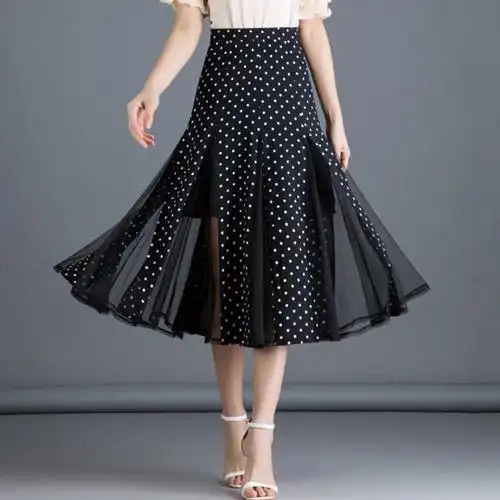 网纱半身裙2021夏季新款鱼尾裙高腰雪纺女裙子中长款显瘦波点长裙