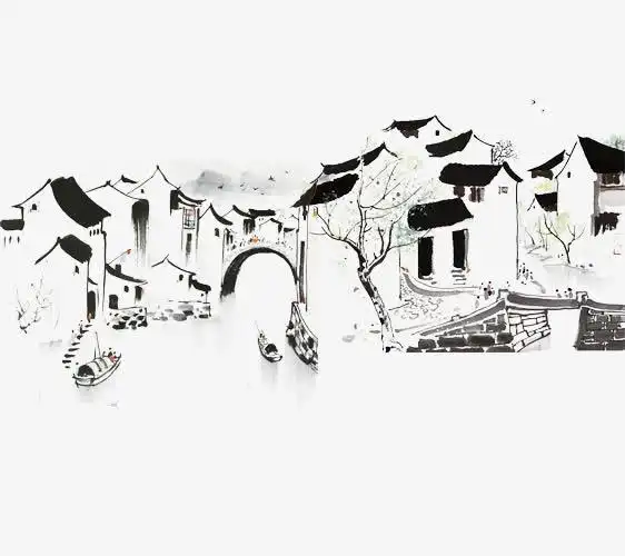 手绘水墨徽派建筑群