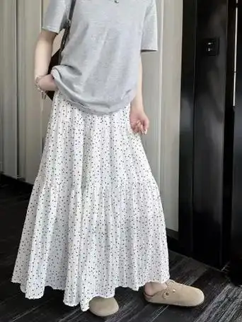 巴卜studio白色波点半身裙女夏季韩系甜美高腰蛋糕裙百搭中长裙