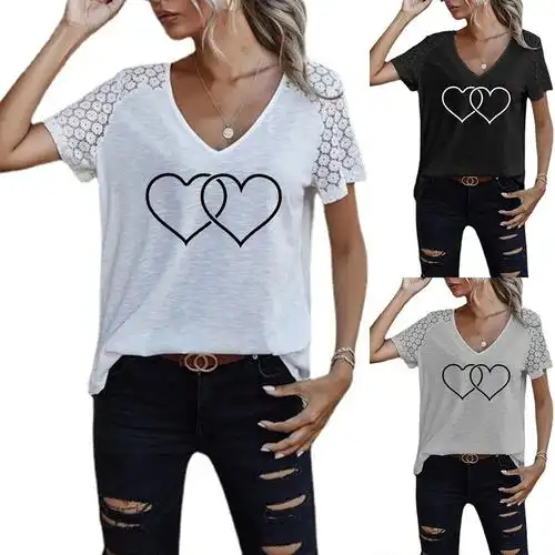 亚马逊wish欧美新款休闲女装v领双爱心印花拼接蕾丝短袖t恤上衣
