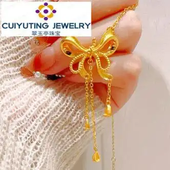 翠玉亭黄金蝴蝶结项链女999足金在逃公主流苏锁骨套链结订婚三金送