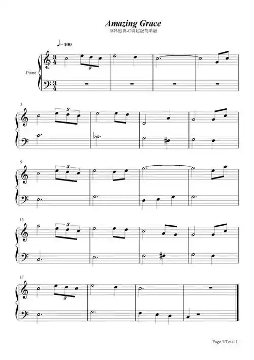奇异恩典钢琴谱johnnewtonc调流行钢琴五线谱