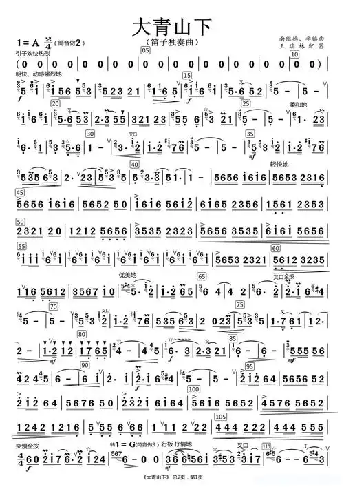 大青山下(笛子分谱)简谱歌词