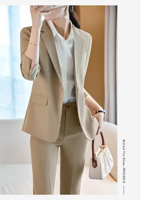 罗蒙(romon)浅咖色西装外套女夏季新款时尚气质韩版休闲七分袖西服