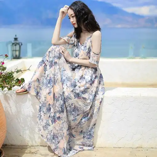 夏季吊带连衣裙长裙法式雪纺波西米亚