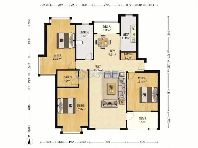 2005年房子靠河楼王新上大平层,144平,四开间朝南,南北通透一梯两户的