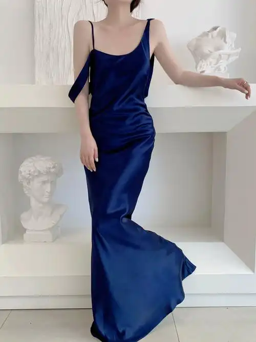 moony love蓝色轻礼服女新娘醋酸鱼尾婚礼晨袍温柔优雅露背敬酒服 -