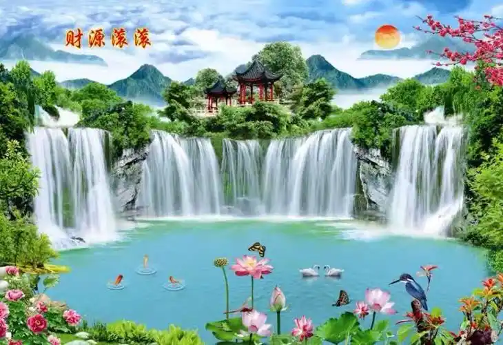 墙画山水画风景画家居装饰画沙发背景图 流水生财山水瀑布风景图