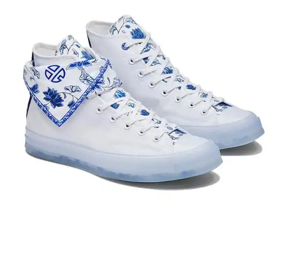 纯原1970s张艺兴联名青花瓷高帮帆布鞋夜光果冻底腰果花男女板鞋 花卉