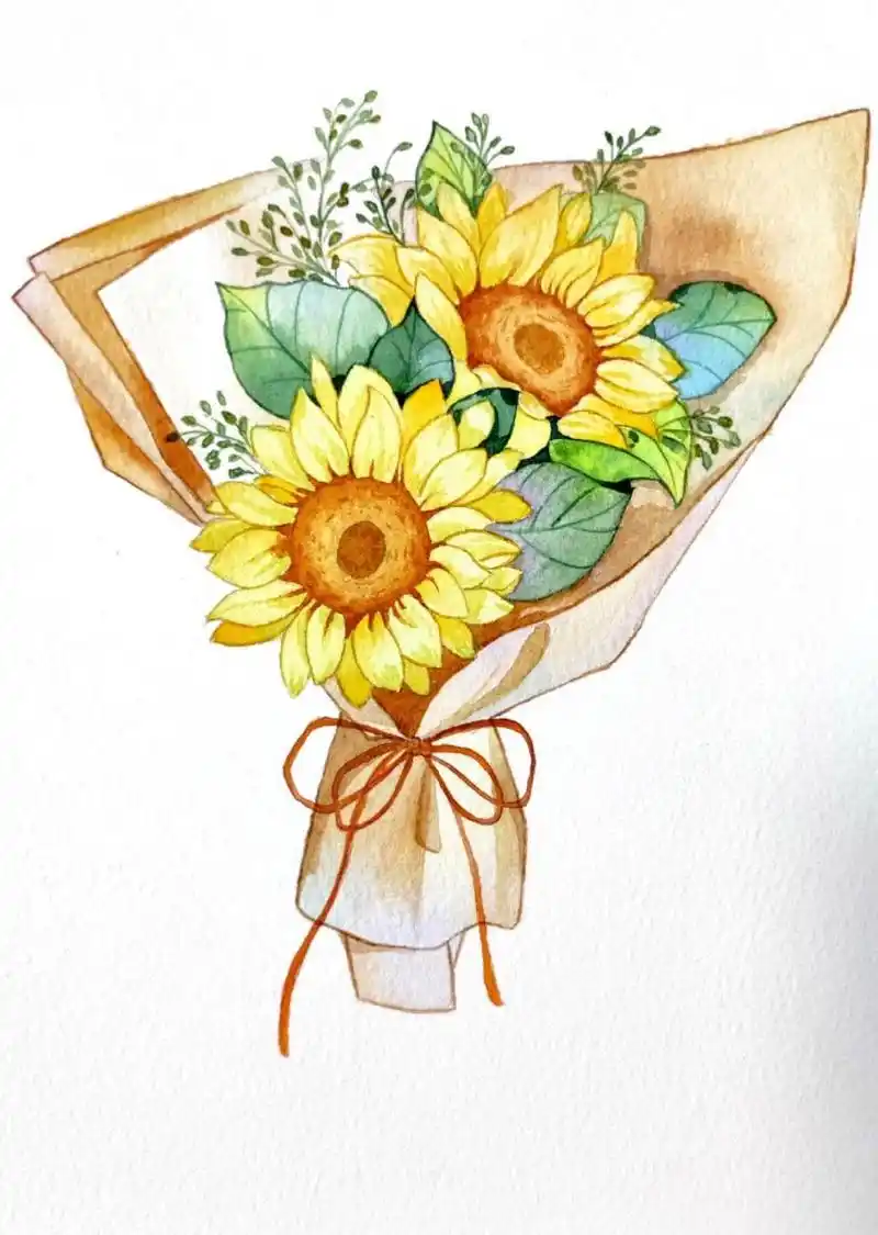教师节手绘向日葵花束贺卡教程来啦 水彩手绘向日葵花束贺卡,有线稿和