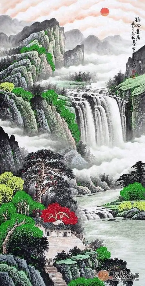 竖幅山水画招财旺运国画风水画聚宝盆聚财山水画靠山招财字画源远流长