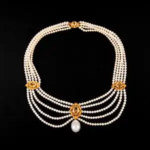 独角鹿西洋古董珠宝首饰拿破仑三世时期黄金镶嵌黄水晶珍珠项链