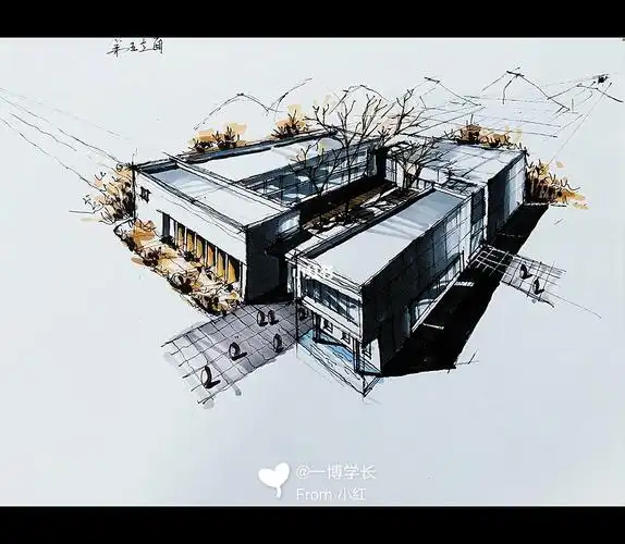 建筑设计体块线稿,马克笔效果,流水别墅,快题效果图#建筑手绘  #建筑