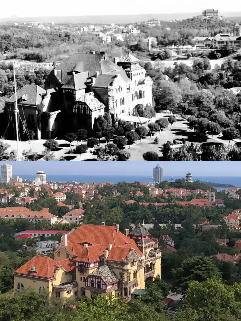 老照片#对比照 #青岛 图为青岛中山路建筑与两座教堂,青岛 - 兑音