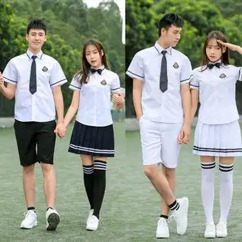 白色短袖黑边衬衣男女校服套装格子短裙jk制服高中学生学院风班服