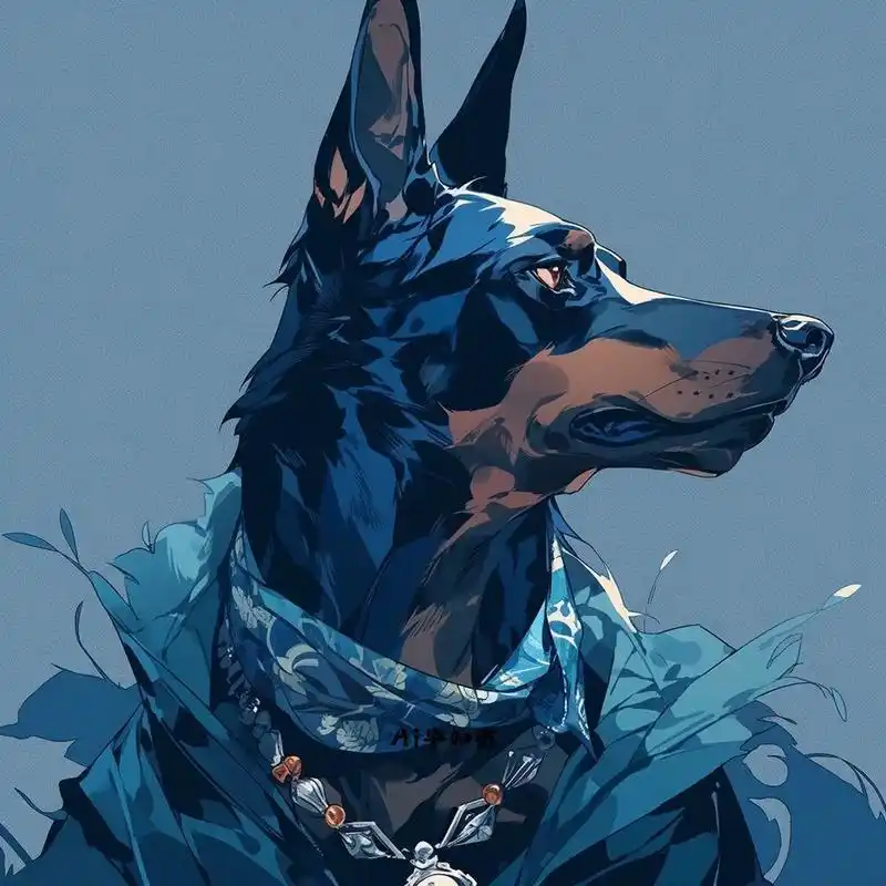 蓝色风暴97戴眼镜的杜宾犬头像插画 杜宾真的好飒哇,不愧是警犬.