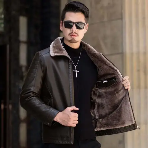 男士皮衣 真皮 绵羊皮_真皮皮衣中年男士绵羊皮夹克冬季外套加绒皮毛