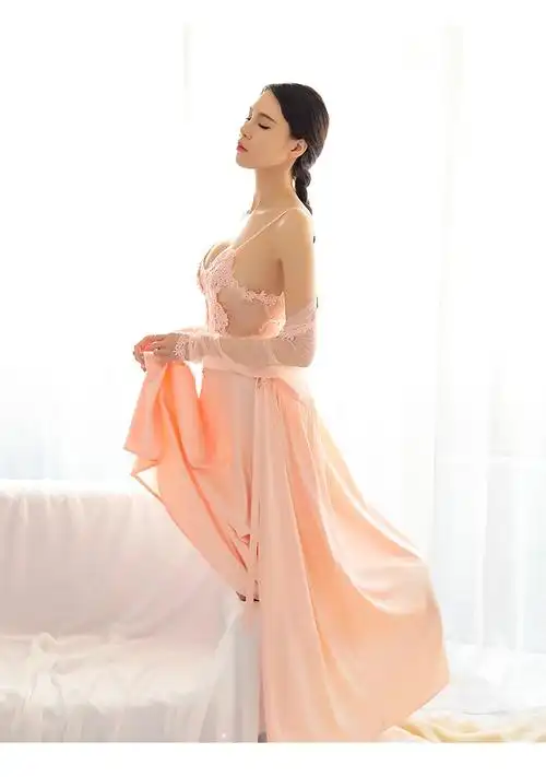 瑰若真丝睡衣女春夏长款性感透视睡袍浴袍女大码家居服套装白色