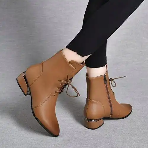 真皮粗跟马丁靴系带侧拉链中跟短靴尖头瘦瘦靴时装靴昔子精选女鞋