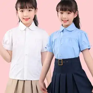 女童白色短袖衬衫夏季纯棉小学生圆领校服上衣女孩蝴蝶结袖口衬衣