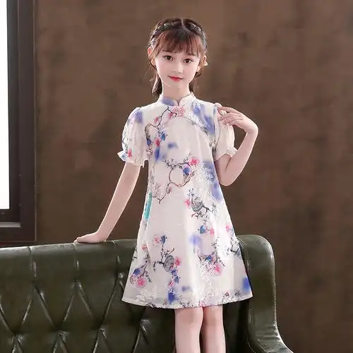 女童连衣裙夏薄款2021新款洋气女孩夏装改良旗袍裙泡泡袖儿童裙子