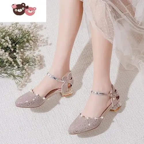 绿彩虹光公主鞋女童包头凉鞋女孩水晶鞋儿童皮鞋高跟鞋走秀演出鞋礼服