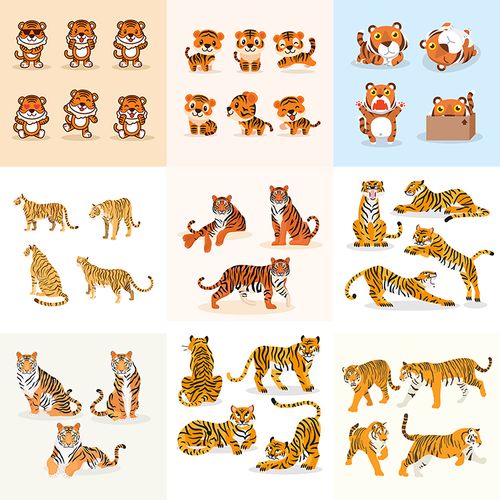 卡通老虎 多款可爱呆萌凶猛动物形象 ai格式矢量设计素材