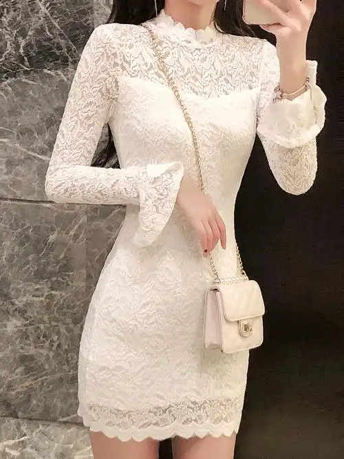 范勾花镂空显瘦包臀裙女2020早春新款时尚高领蕾丝修身连衣裙优惠券