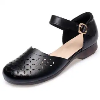 女式真皮夏天凉皮鞋包头中空鞋女夏季圆头低跟软底休闲一字扣 黑色 39