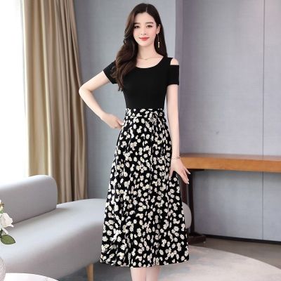 碎花雪纺连衣裙女2020夏季新款韩版收腰显瘦系带拼接过膝a字长裙