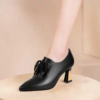 高跟鞋粗跟尖头女单鞋皮深口侧拉链女士皮鞋春秋款简约牛皮女鞋黑色34