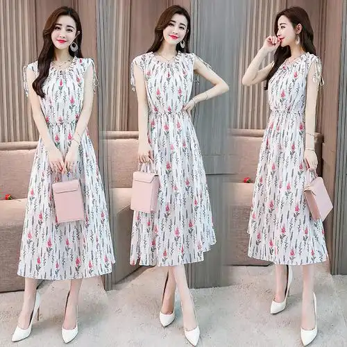 无袖雪纺连衣裙女夏女士新品收腰显瘦遮肚子气质时尚优雅印花长裙