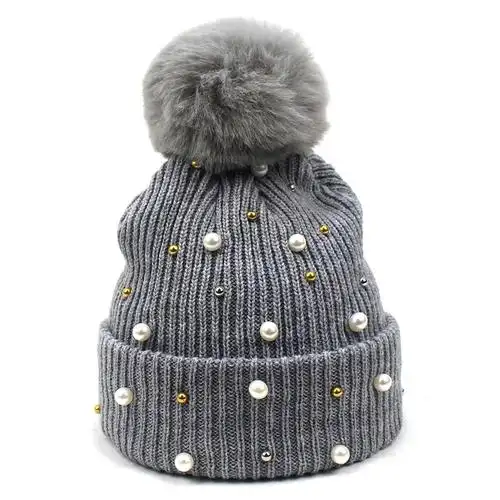 新款秋冬女士毛线帽珍珠针织帽子甜美可爱毛球帽卷边套头帽批发