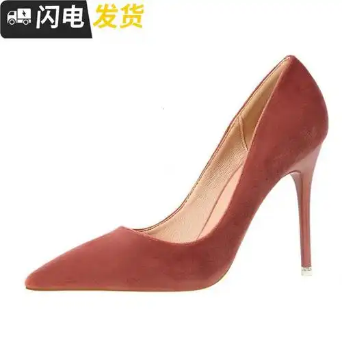 秋冬酒红色高跟鞋绒面中跟单鞋女ol黑色尖头高跟鞋丝绒细跟女鞋单启如