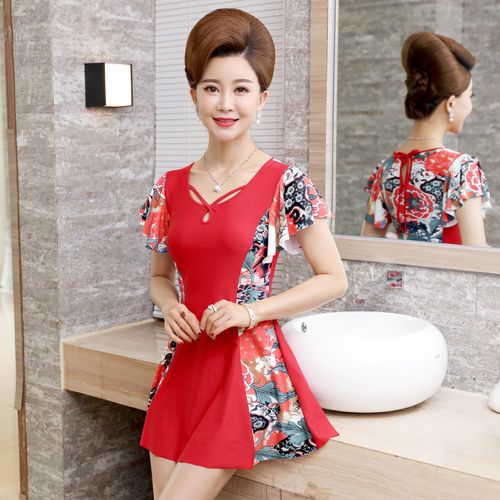 泳衣女妈妈款中老年分体平角保守大码遮肚显瘦裙式温泉游泳装