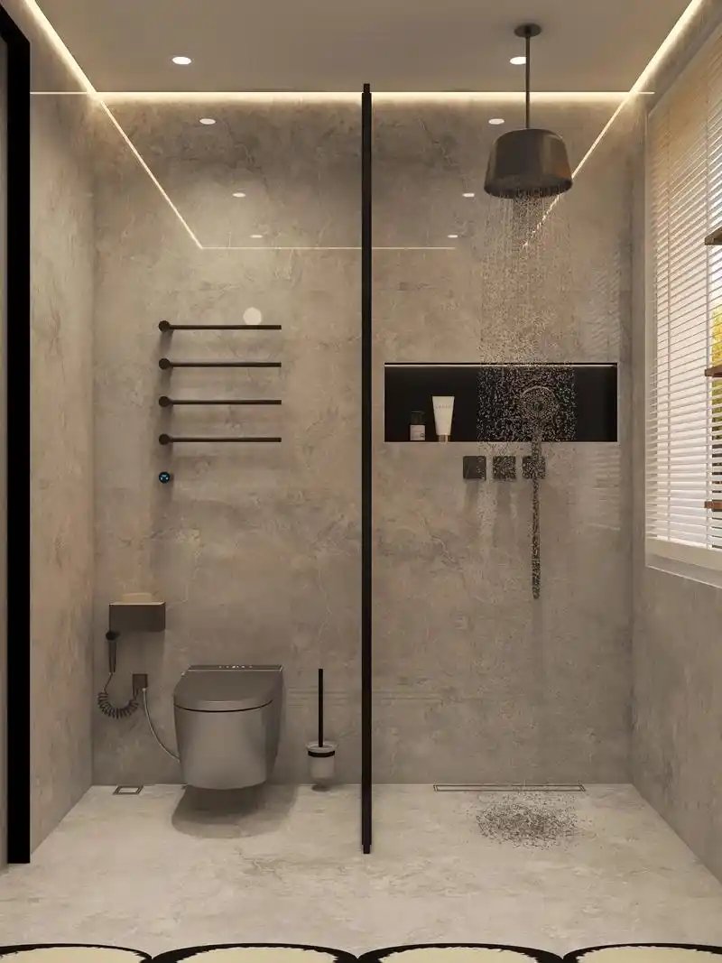 灰色工业风卫生间|枪灰色淋浴花洒太酷啦